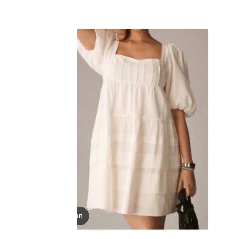 by Anthropologie Ivory Tiered Square Neck Puff Sleeve Babydoll Mini Dress XL